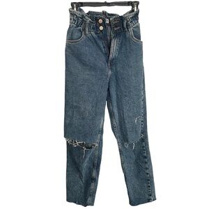 House Denim Mom Paper Bag High Rise Straight Leg Distressed Jeans